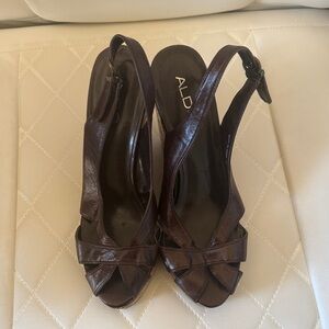 ALDO Dark Brown Slingback Leather Wedge Cork Heels Size 8.5